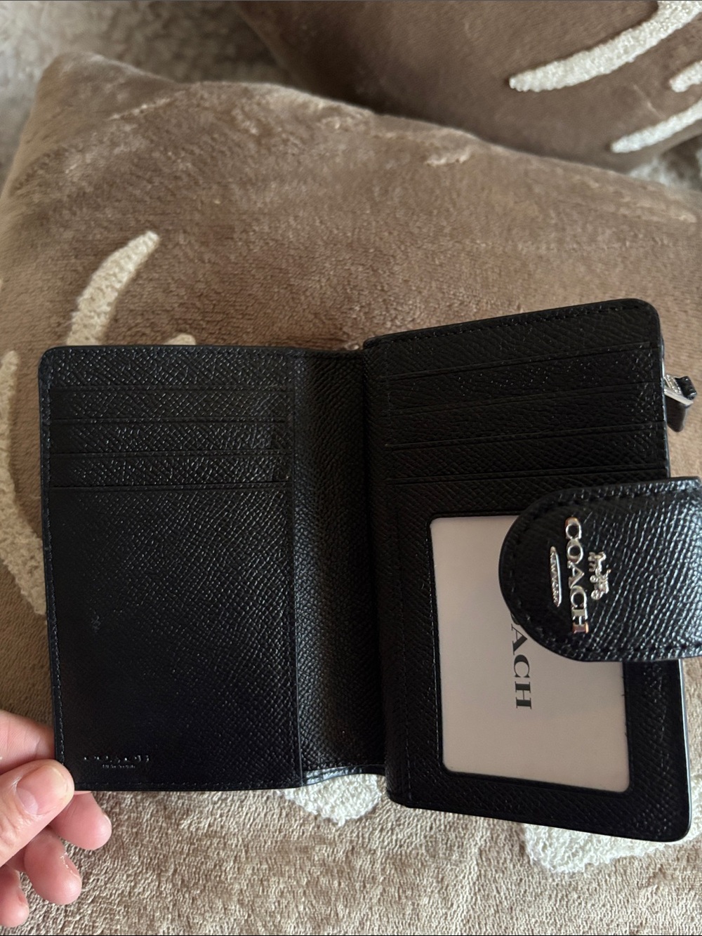 Coach Black Pebbled Leather Compact Wallet with Silver Logo - Picture 3 of 3